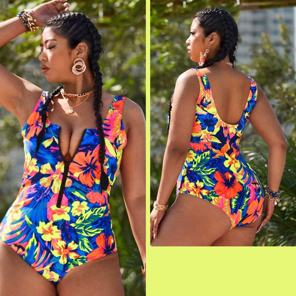 Neon Floral Zip-Front One-Piece Swimsuit - Kids Swim